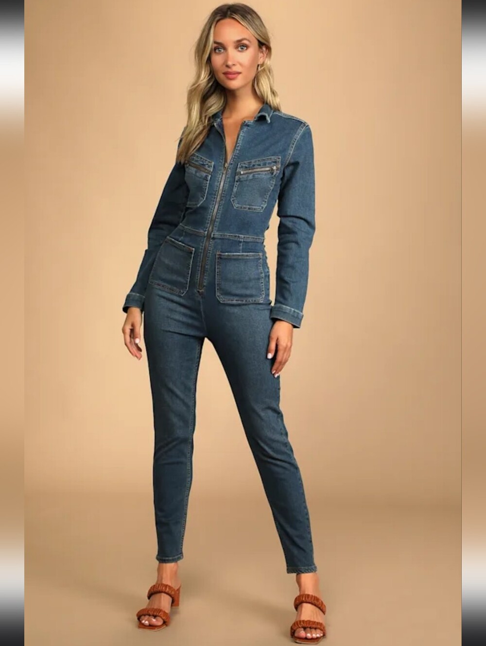 Free People Women’s Dark Blue Denim Jumpsuit Jeans with Front Zip